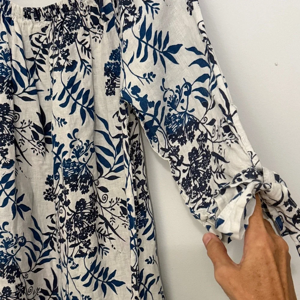 Off-Shoulder Linen Blue Floral Midi Dress with Tie Sleeves Summer Resortwear - Picture 4 of 8